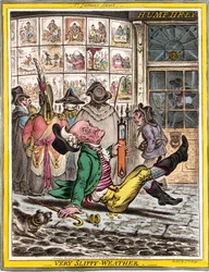 Nagyon csúszós idő, kocsma. 1808 (kézzel színezett metszet)